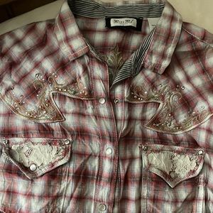 Short sleeve, miss me, brand plaid shirt with embellishment on buttons EUC